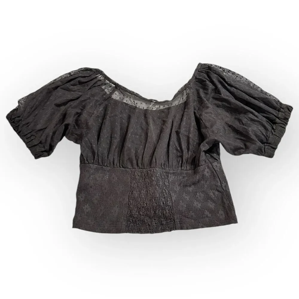 Free People Heartstrings‎ Top Women's XS Gray Mesh Puff Sleeve Button Semi Sheer